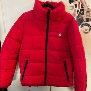 Superdry Red Puffer Jacket High Collar Insulated